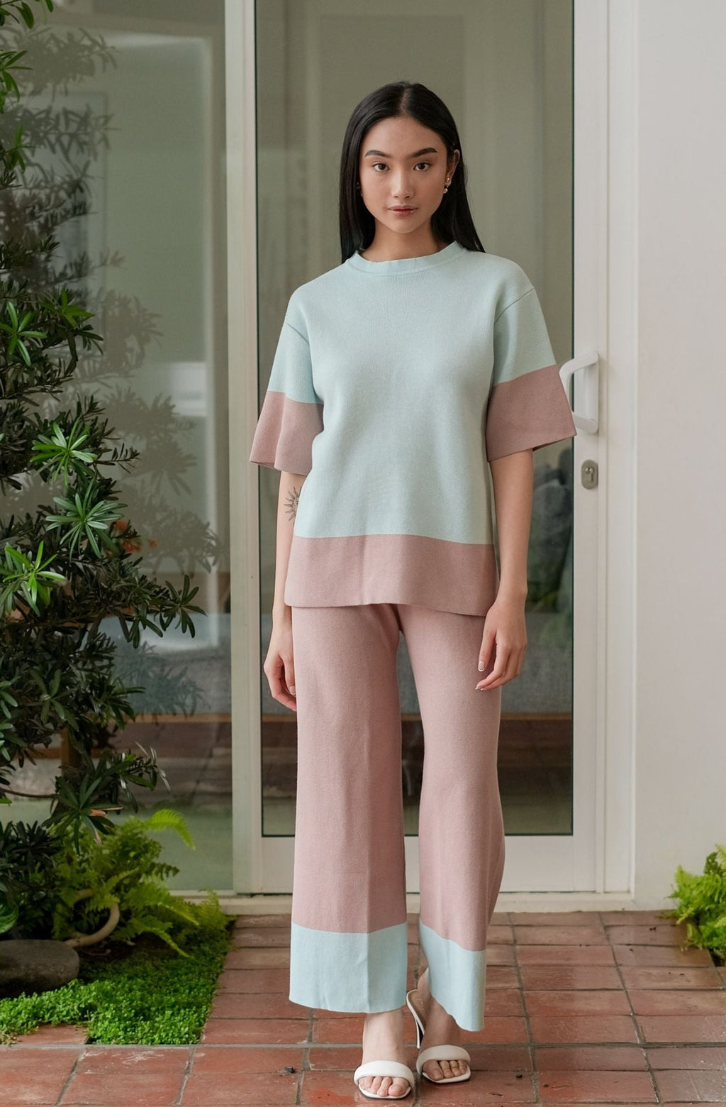 Naomi Knitted Blouse Aqua Blue Anneth Knitted Pants Sand