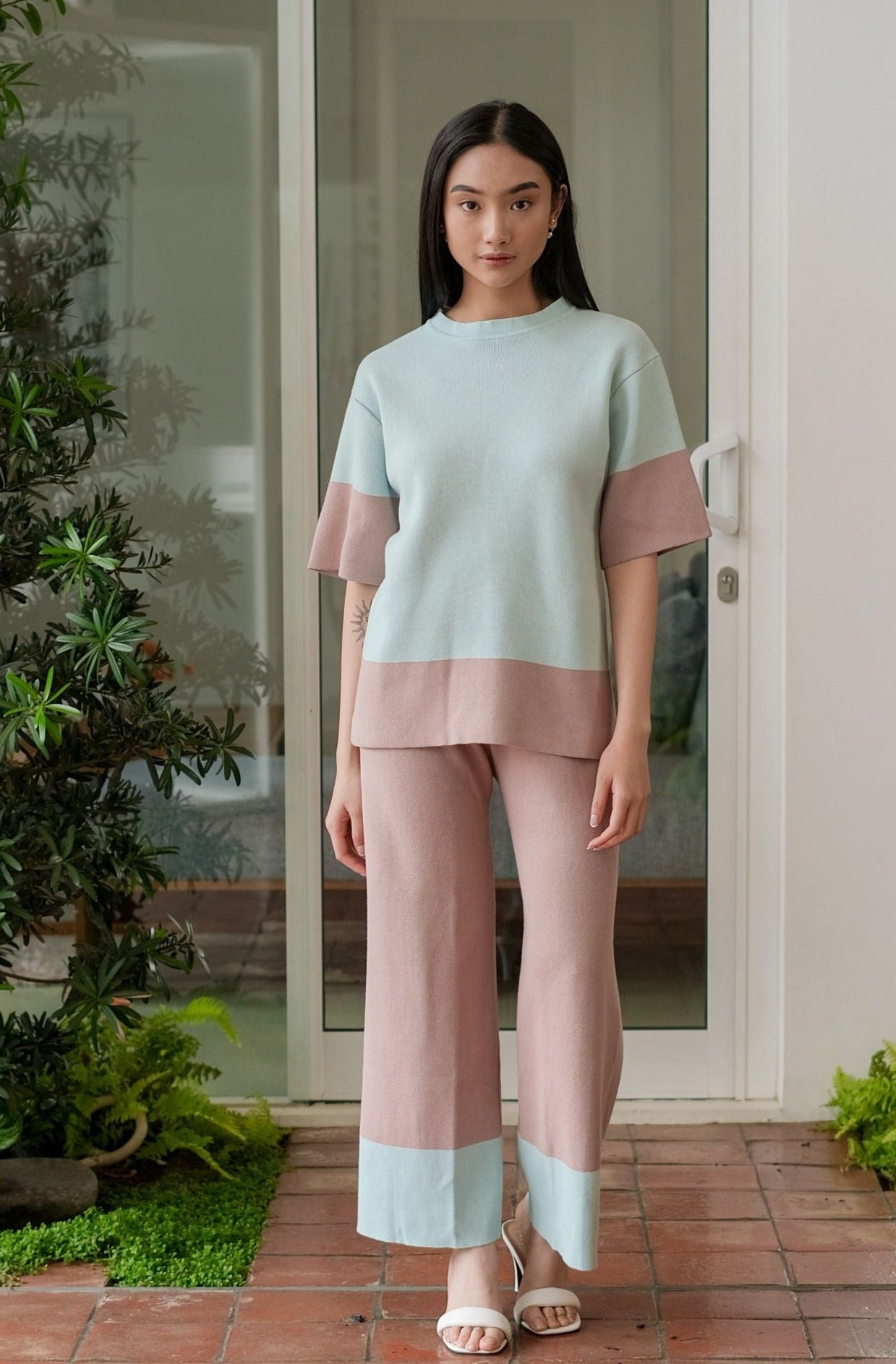 Naomi Knitted Blouse Aqua Blue Anneth Knitted Pants Sand