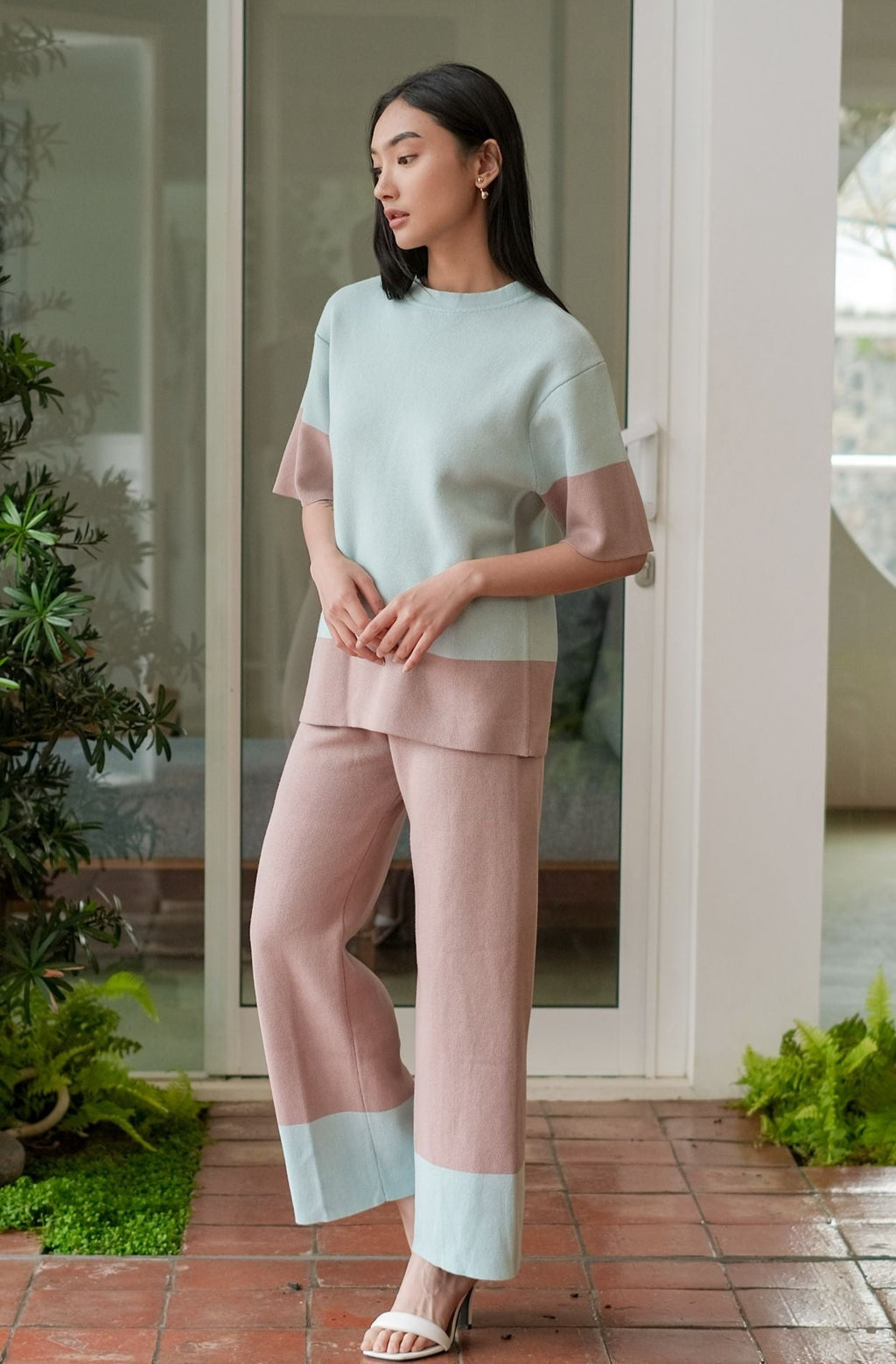Naomi Knitted Blouse Aqua Blue Anneth Knitted Pants Sand