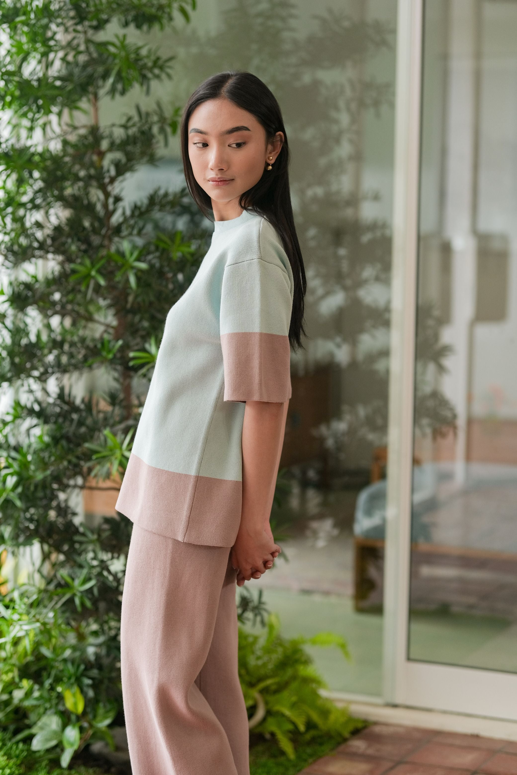Naomi Knitted Blouse Aqua Blue Anneth Knitted Pants Sand