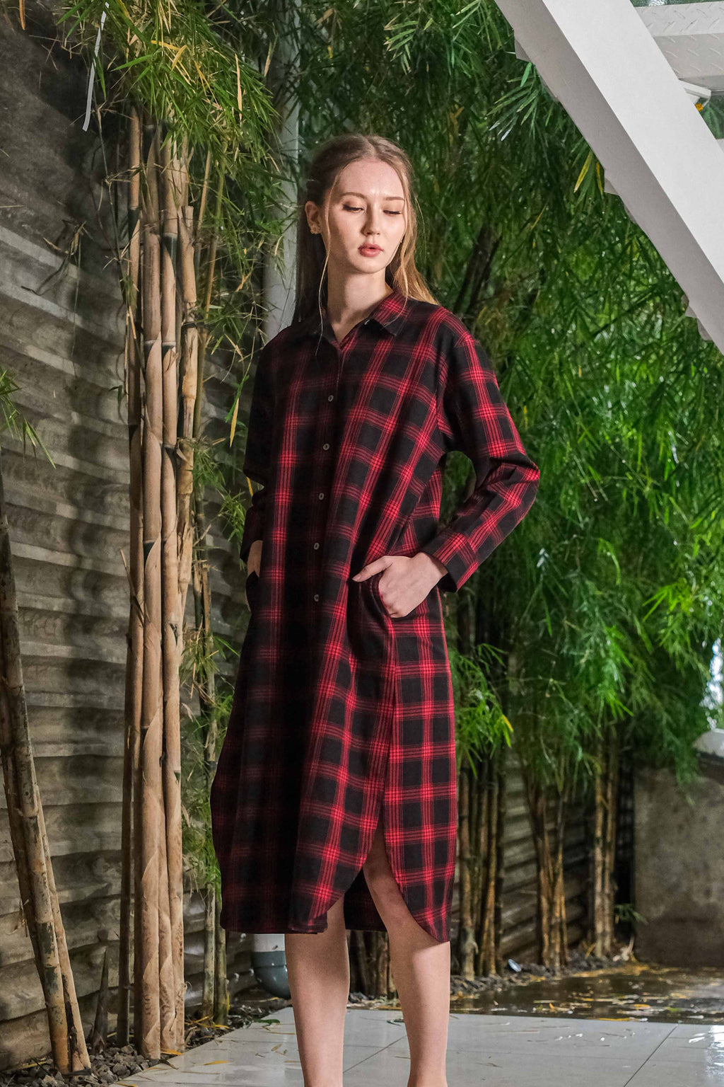 Asiro Ester Linen Dress Wanita Motif Kotak-Kotak