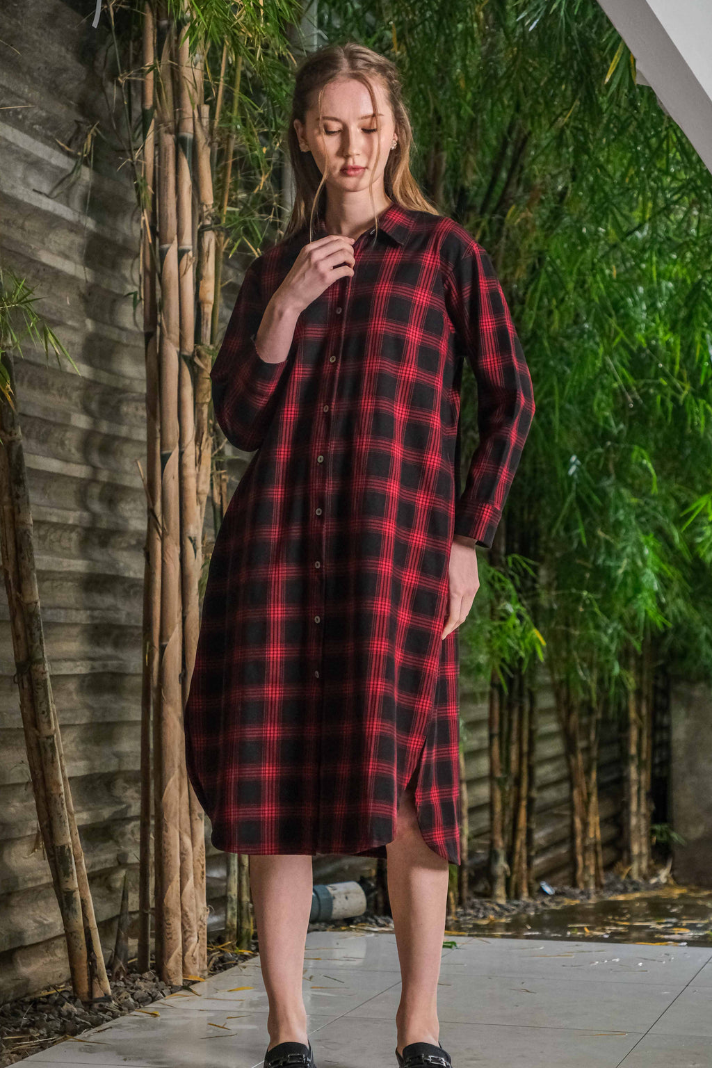 Asiro Ester Linen Dress Wanita Motif Kotak-Kotak