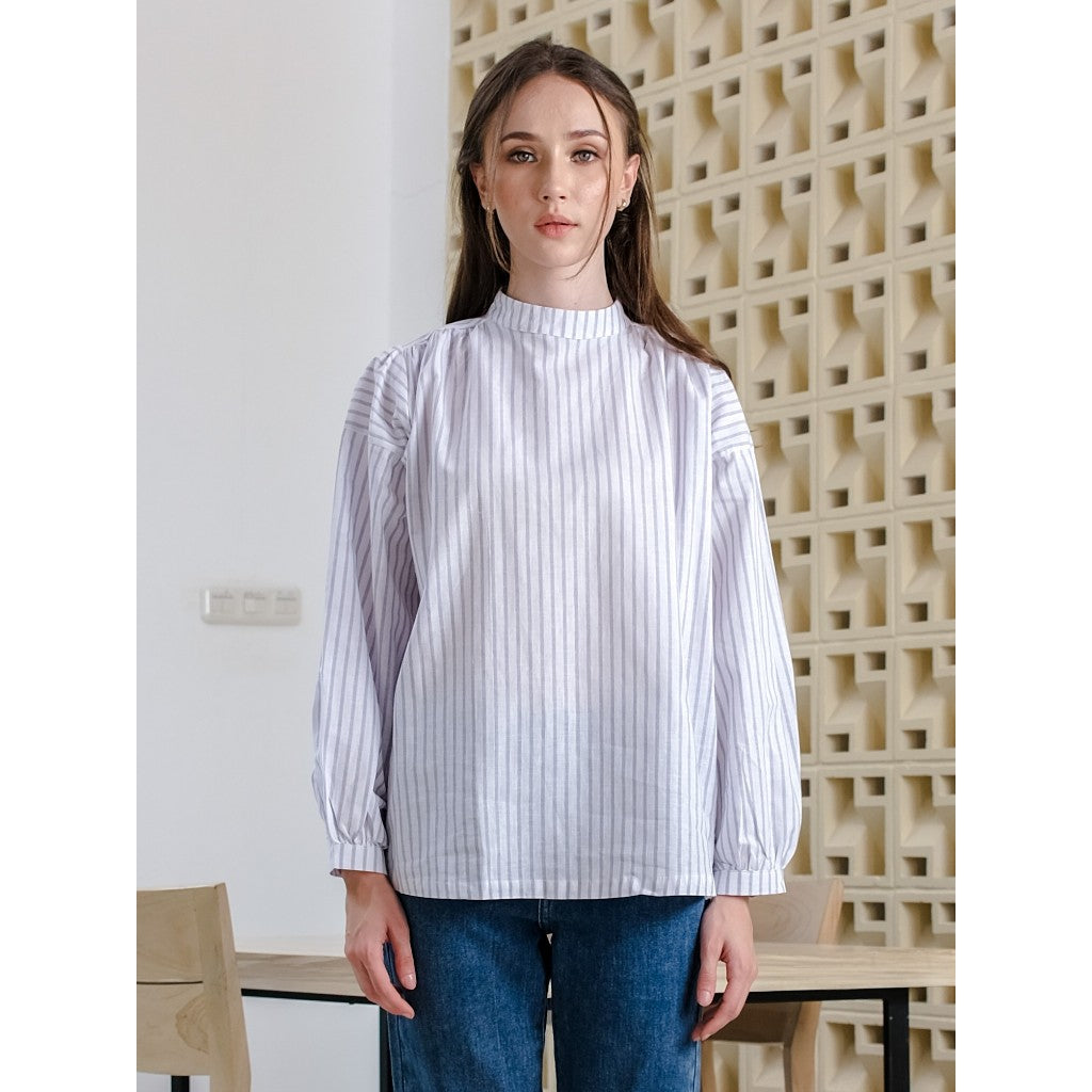 Asiro Carmen Top Linen Shirt Blouse Stripe Atasan Wanita Lengan Panjang