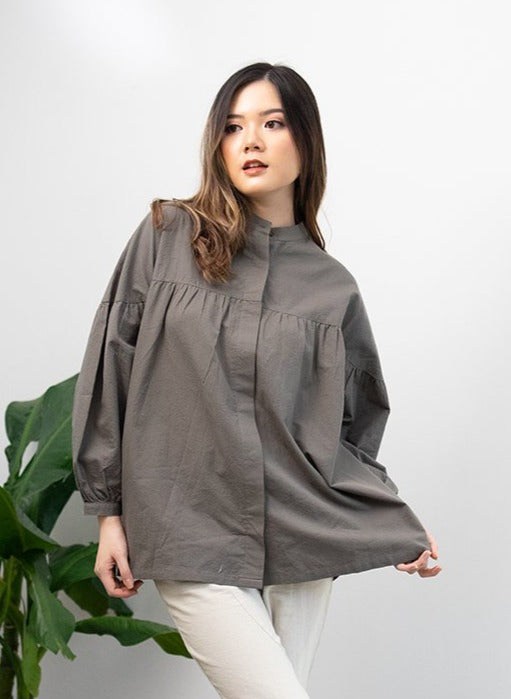 Meera Crinkle Cotton Blouse Olive Green