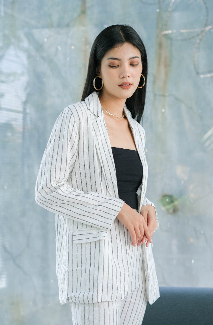 Mia Fely Pure Linen Blazer Set White